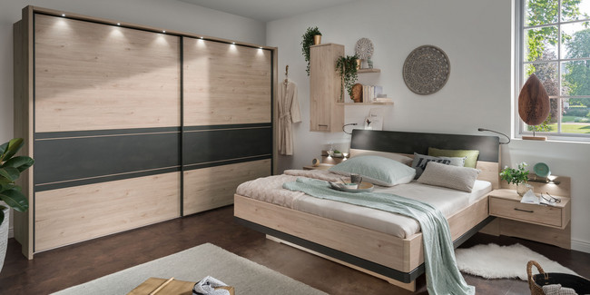Toulon Schlafzimmer modern Steineiche Nachbildung Absetzung Schiefer Schwebetürenschrank