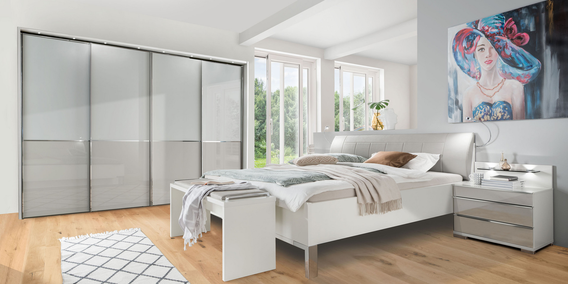 Schlafzimmer modern Weiß Glas weiß Glas Kieselgrau Kleiderschrank Bett 180x200cm
