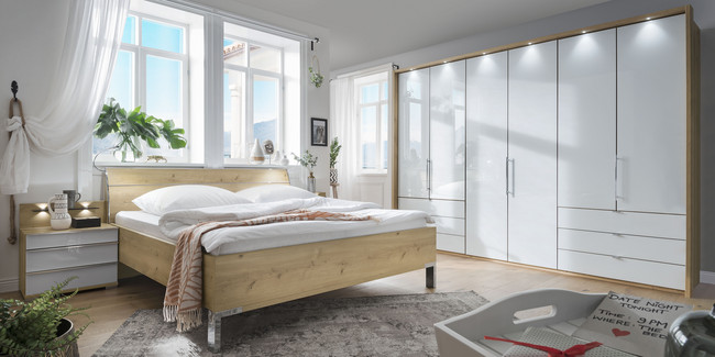 Loft Schlafzimmer modern Bianco Eiche Nachbildung Glas weiß mit Schubkästen