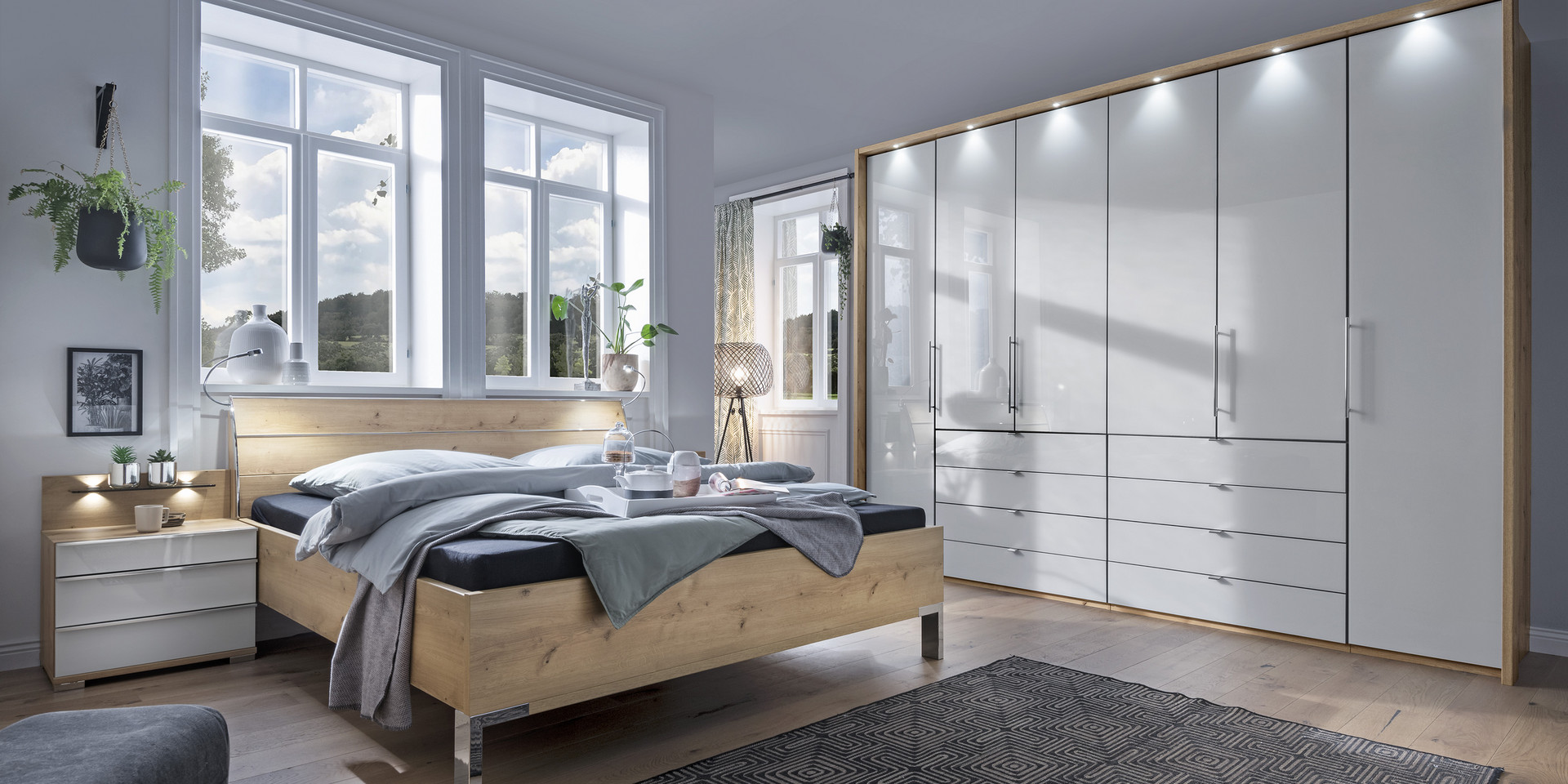 Loft Schlafzimmer modern Bianco Eiche Nachbildung Glas weiß mit Schubkästen mittig