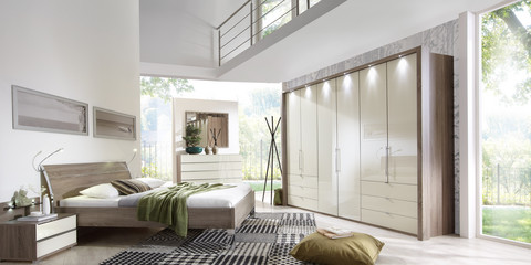 Schlafzimmer modern Schranksystem modern Loft Trüffeleiche Glas magnolie